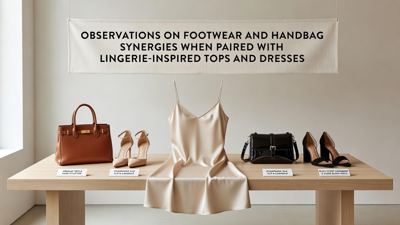 Mid-article view of coordinated footwear and handbag with a lingerie-style dress